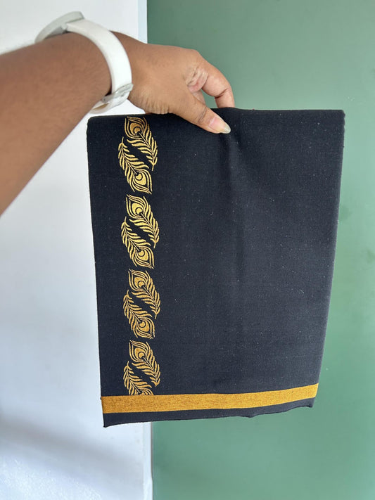 Kaitharikada - Single Kaily / Lungi - Mixed Cotton - 40s twisted - 1.25 inch Dark Gold Kasav Peacock Feather Printed Design kara with Black colour body (2 meter / 4 muzham) - 16 KK8058 GAN