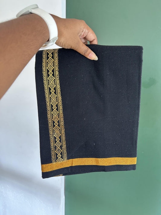 Kaitharikada - Single Kaily / Lungi - Mixed Cotton - 40s twisted - 1.5 inch  Dark Gold Kasav Printed Design kara with Black colour body (2 meter / 4 muzham) - 13 KK8058 GAN