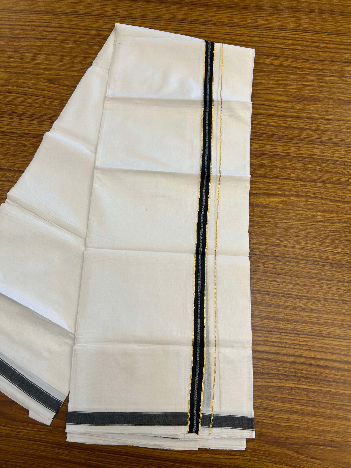 20% Discount!! Kaitharikada Balaramapuram 100% Pure Cotton Pure White Double Mundu/Dothi - 100x80 - 1.5 cm Black & Gold Kasav Puliyilakkara One Side Chutty Kara 3.90 m (8 muzham) - 34 KK5310 CKS