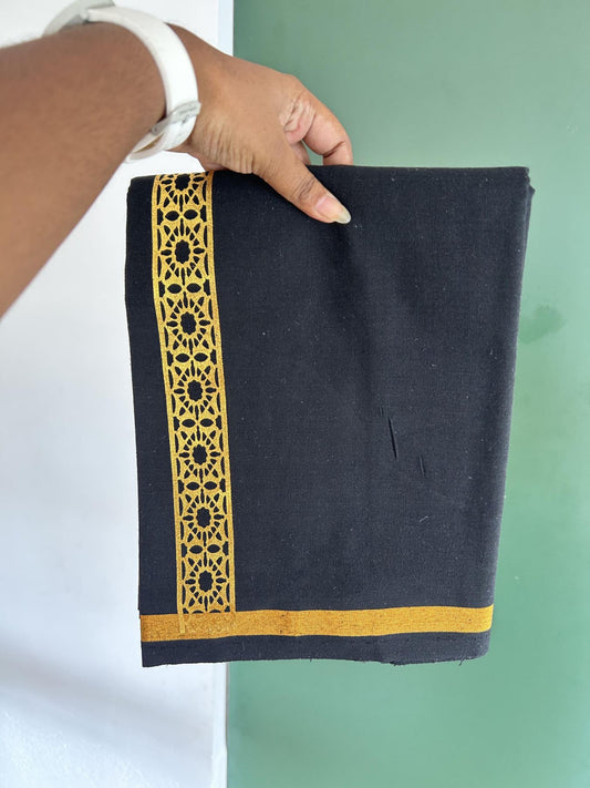 Kaitharikada - Single Kaily / Lungi - Mixed Cotton - 40s twisted - 1.5 inch  Dark Gold Kasav Printed Design kara with Black colour body (2 meter / 4 muzham) - 12 KK8058 GAN
