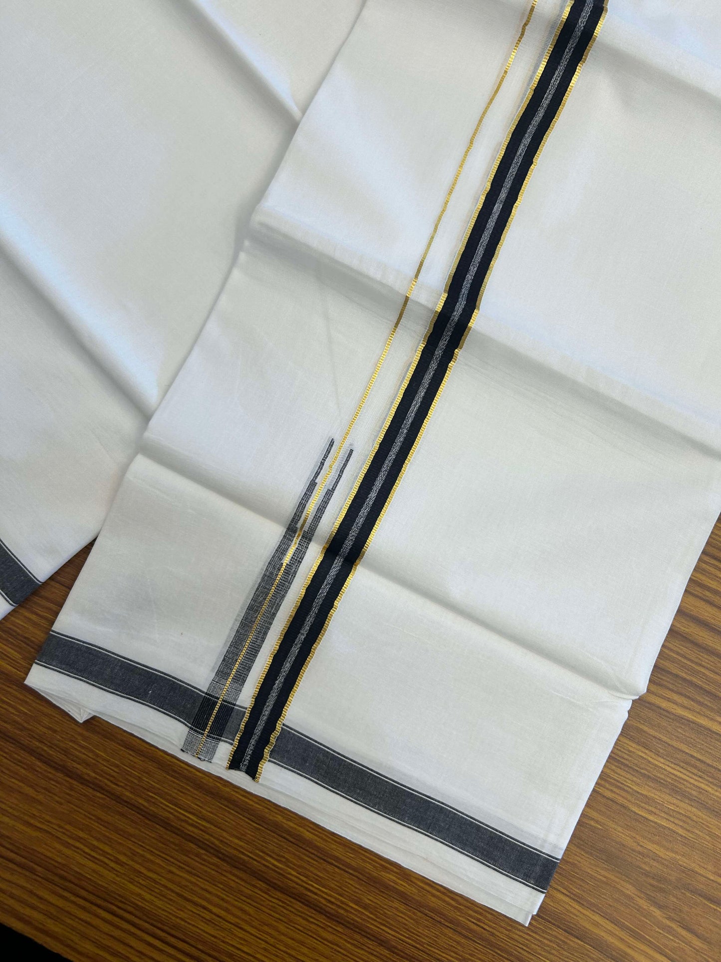 20% Discount!! Kaitharikada Balaramapuram 100% Pure Cotton Pure White Double Mundu/Dothi - 100x80 - 1.5 cm Black & Gold Kasav Puliyilakkara One Side Chutty Kara 3.90 m (8 muzham) - 34 KK5310 CKS