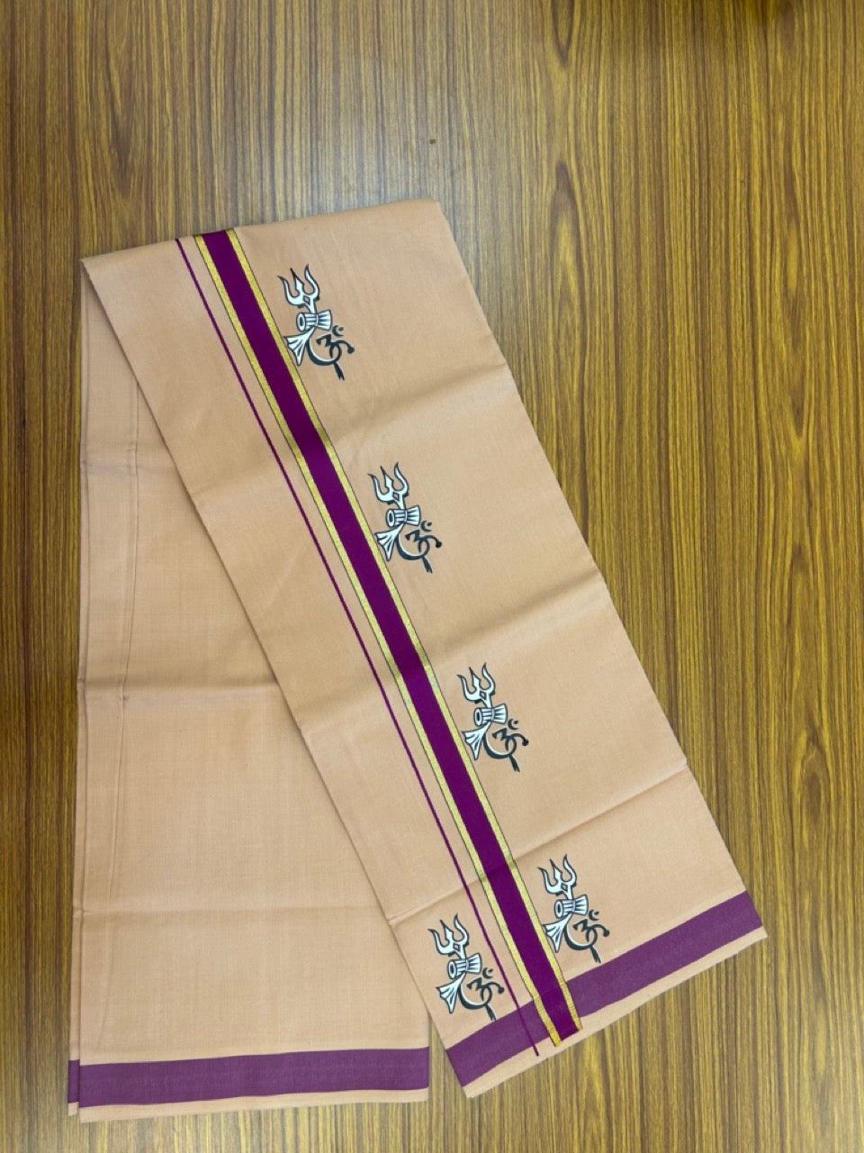 33% Discount !! Kaitharikada - Pure Cotton - Single Kaily / Lungi - (40s) - 1.25 inch Gold Kasav & Purple Printed Trishul Design kara with light Kavi colour body  (2 meter / 4 muzham) - 3 KK8033 GAN