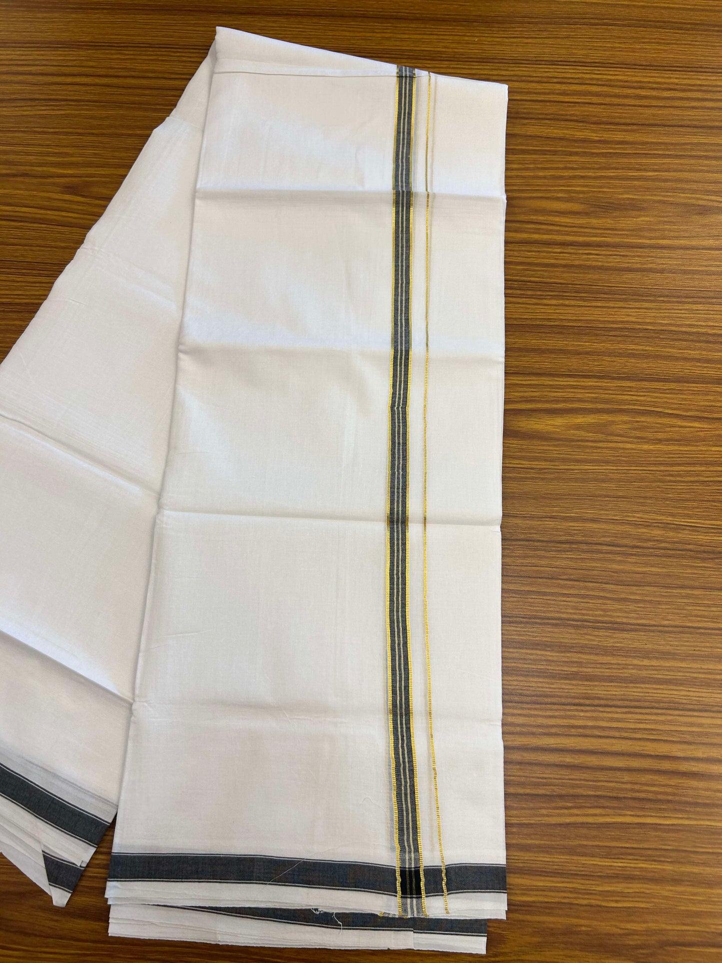 20% Discount!! Kaitharikada Balaramapuram 100% Pure Cotton Pure White Double Mundu/Dothi - 100x80 - 1.5 cm Black & Gold Kasav Puliyilakkara One Side Chutty Kara 3.90 m (8 muzham) - 35 KK5310 CKS