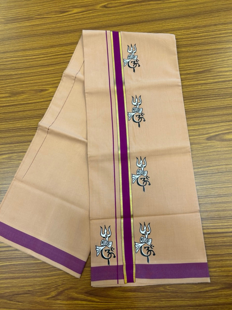 33% Discount !! Kaitharikada - Pure Cotton - Single Kaily / Lungi - (40s) - 1.25 inch Gold Kasav & Purple Printed Trishul Design kara with light Kavi colour body  (2 meter / 4 muzham) - 3 KK8033 GAN