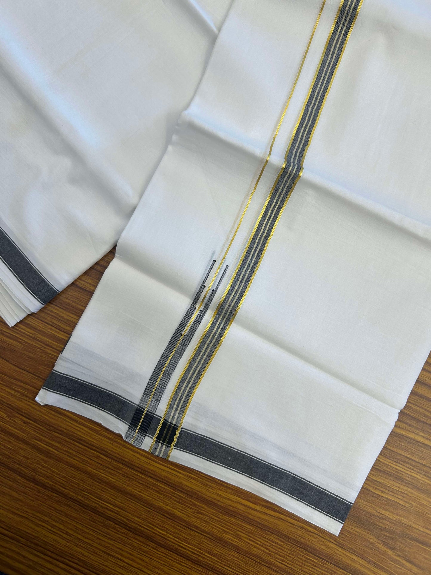 20% Discount!! Kaitharikada Balaramapuram 100% Pure Cotton Pure White Double Mundu/Dothi - 100x80 - 1.5 cm Black & Gold Kasav Puliyilakkara One Side Chutty Kara 3.90 m (8 muzham) - 35 KK5310 CKS