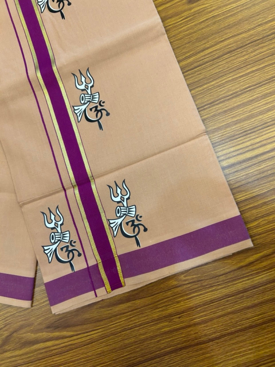 33% Discount !! Kaitharikada - Pure Cotton - Single Kaily / Lungi - (40s) - 1.25 inch Gold Kasav & Purple Printed Trishul Design kara with light Kavi colour body  (2 meter / 4 muzham) - 3 KK8033 GAN