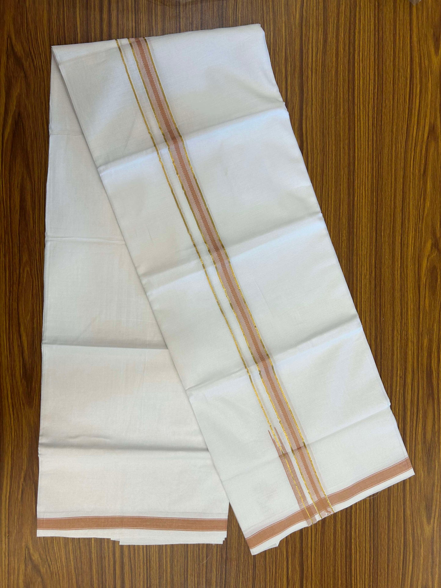 20% Discount!! Kaitharikada Balaramapuram 100% Pure Cotton Pure White Double Mundu/Dothi - 100x80 - 1.5 cm Light Orange & Gold Kasav Puliyilakkara One Side Chutty Kara 3.90 m (8 muzham) - 36 KK5310 CKS