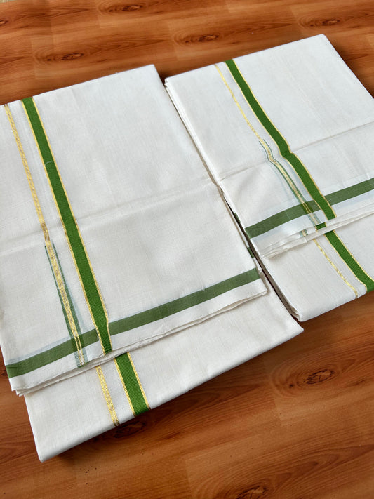 Off White Single Set Mundu 25% Discount !! KaithariKada Handloom Millpaav Balaramapuram - 100% Pure Cotton - 80X90 - 1 cm Puliyilakkara Gold Kasav & Green Chutty Kara - Mundu 2 mtr & Neriyath 2.65 & 2.62 mtr - 7 KK5458 SOM