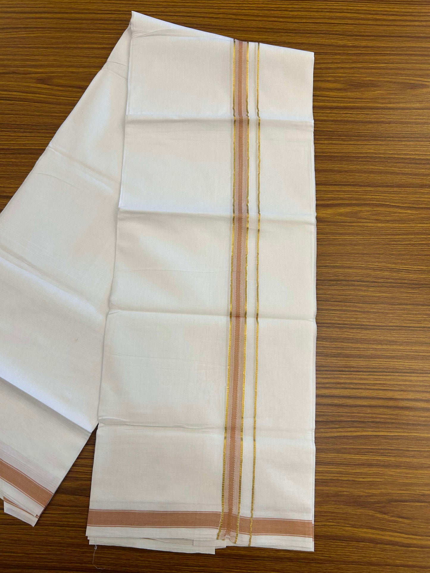 20% Discount!! Kaitharikada Balaramapuram 100% Pure Cotton Pure White Double Mundu/Dothi - 100x80 - 1.5 cm Light Orange & Gold Kasav Puliyilakkara One Side Chutty Kara 3.90 m (8 muzham) - 36 KK5310 CKS