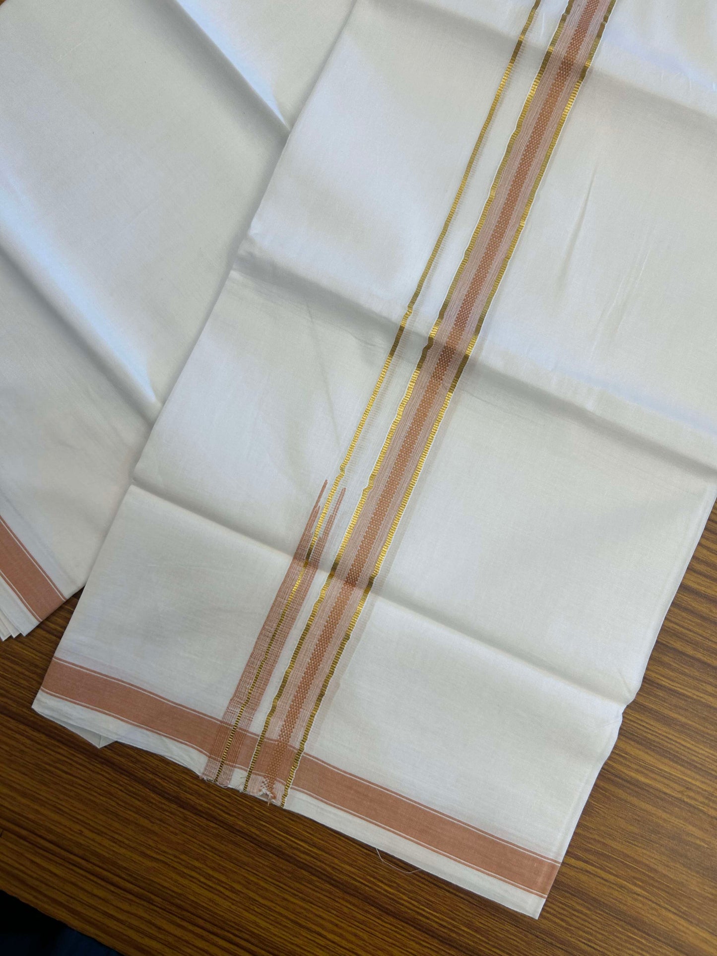 20% Discount!! Kaitharikada Balaramapuram 100% Pure Cotton Pure White Double Mundu/Dothi - 100x80 - 1.5 cm Light Orange & Gold Kasav Puliyilakkara One Side Chutty Kara 3.90 m (8 muzham) - 36 KK5310 CKS