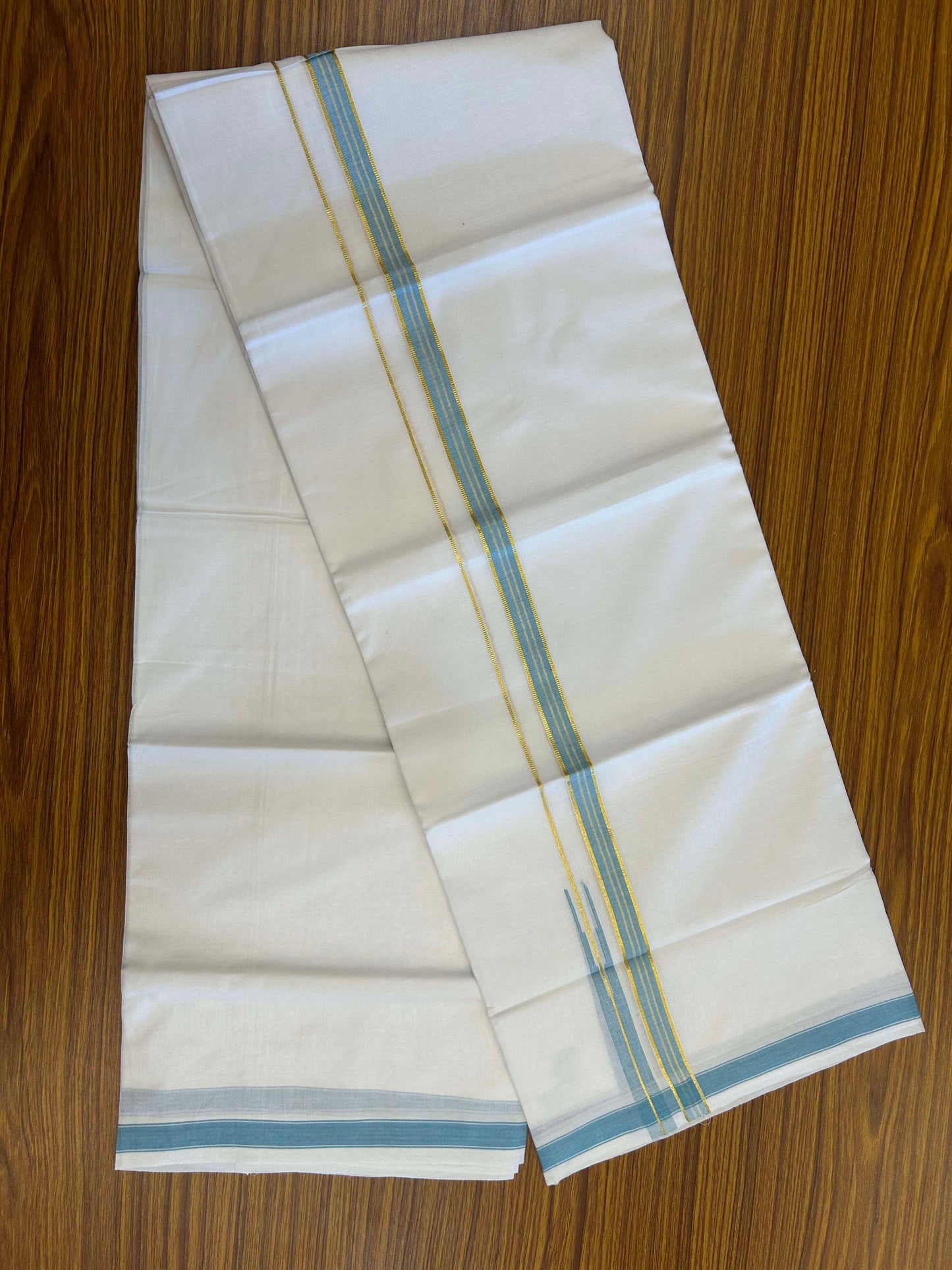 20% Discount!! Kaitharikada Balaramapuram 100% Pure Cotton Pure White Double Mundu/Dothi - 100x80 - 1.5 cm Light Blue & Gold Kasav Puliyilakkara One Side Chutty Kara 3.90 m (8 muzham) - 37 KK5310 CKS
