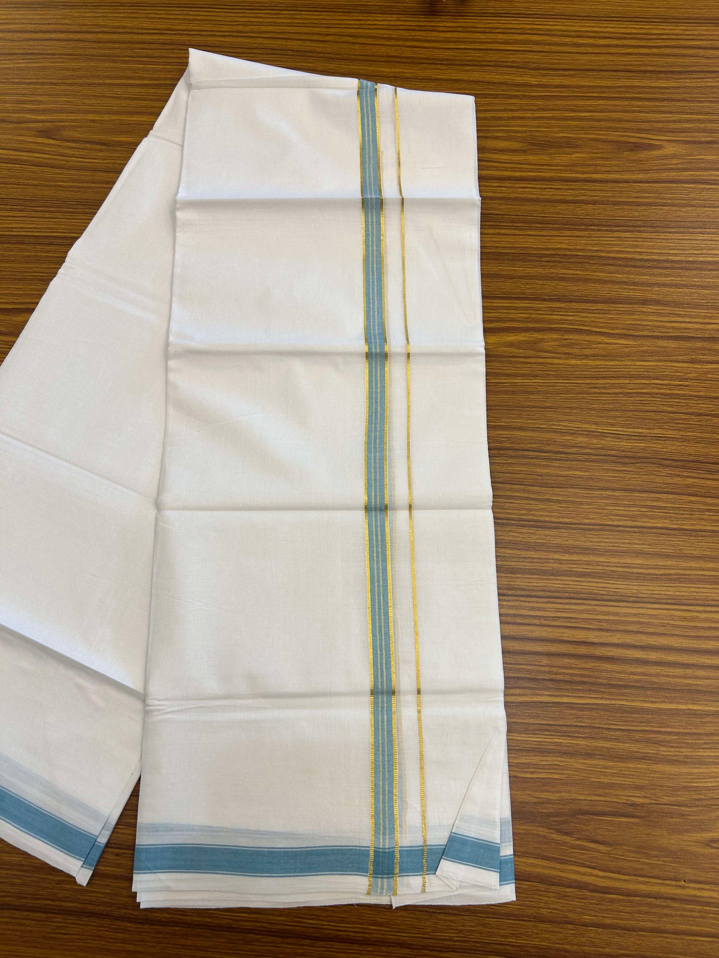 20% Discount!! Kaitharikada Balaramapuram 100% Pure Cotton Pure White Double Mundu/Dothi - 100x80 - 1.5 cm Light Blue & Gold Kasav Puliyilakkara One Side Chutty Kara 3.90 m (8 muzham) - 37 KK5310 CKS