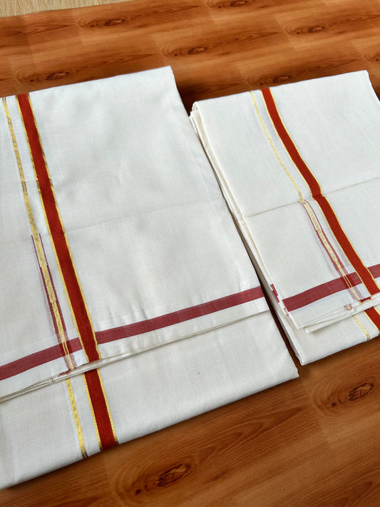 Off White Single Set Mundu 25% Discount !! KaithariKada Handloom Millpaav Balaramapuram - 100% Pure Cotton - 80X90 - 1 cm Puliyilakkara Gold Kasav & Brick Orange Chutty Kara - Mundu 2 mtr & Neriyath 2.63 , 2.60 & 2.55 mtr - 8 KK5458 SOM
