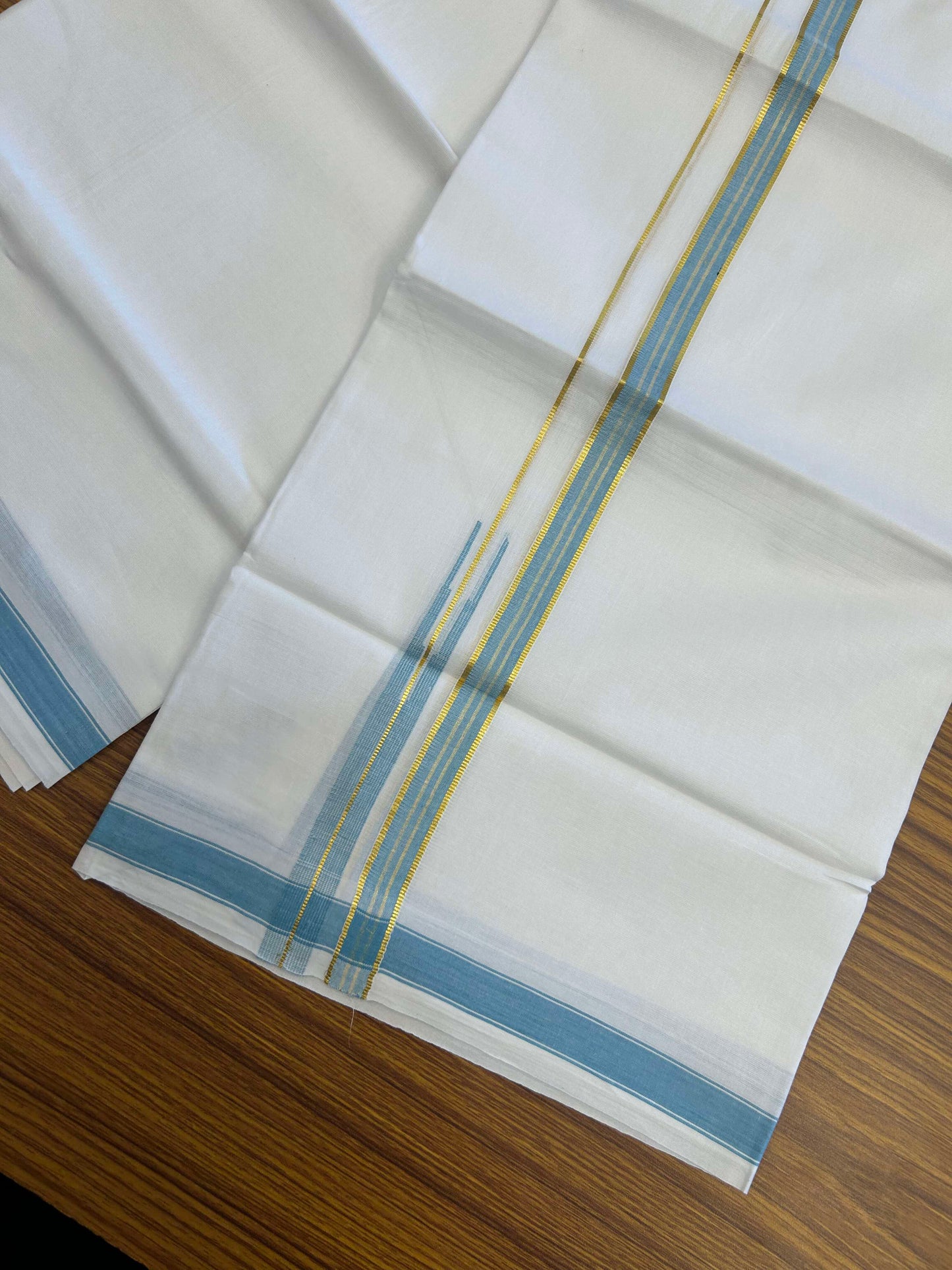 20% Discount!! Kaitharikada Balaramapuram 100% Pure Cotton Pure White Double Mundu/Dothi - 100x80 - 1.5 cm Light Blue & Gold Kasav Puliyilakkara One Side Chutty Kara 3.90 m (8 muzham) - 37 KK5310 CKS