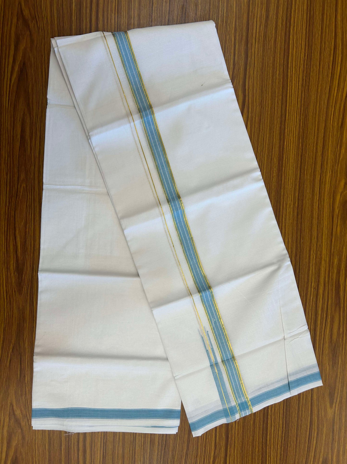 20% Discount!! Kaitharikada Balaramapuram 100% Pure Cotton Pure White Double Mundu/Dothi - 100x80 - 2 cm Light Blue & Gold Kasav Puliyilakkara One Side Chutty Kara 3.90 m (8 muzham) - 39 KK5310 CKS