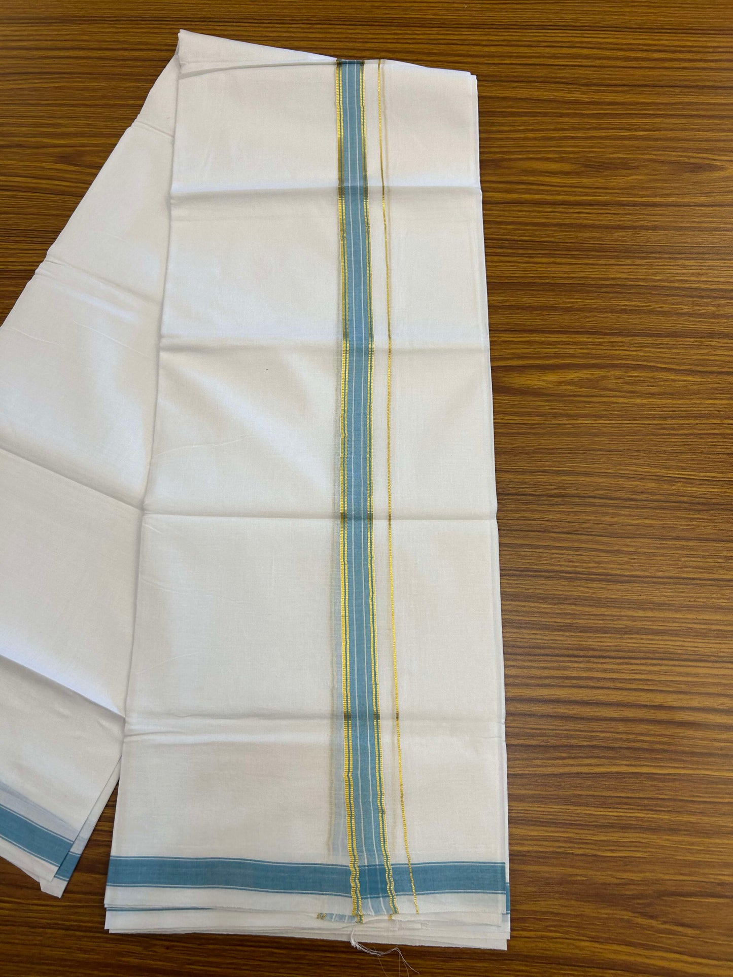 20% Discount!! Kaitharikada Balaramapuram 100% Pure Cotton Pure White Double Mundu/Dothi - 100x80 - 2 cm Light Blue & Gold Kasav Puliyilakkara One Side Chutty Kara 3.90 m (8 muzham) - 39 KK5310 CKS