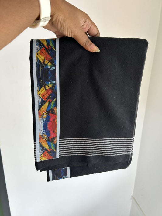 Kaitharikada - Single Kaily / Lungi - Mixed Cotton - 40s twisted - 2 inch Multi Colour Printed Design Kara with Black colour body (2 meter / 4 muzham) - 22 KK8058 GAN