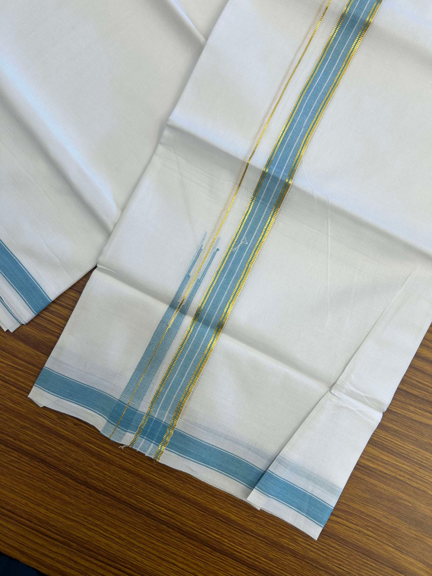 20% Discount!! Kaitharikada Balaramapuram 100% Pure Cotton Pure White Double Mundu/Dothi - 100x80 - 2 cm Light Blue & Gold Kasav Puliyilakkara One Side Chutty Kara 3.90 m (8 muzham) - 39 KK5310 CKS