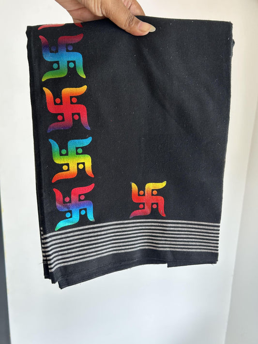 Kaitharikada - Single Kaily / Lungi - Mixed Cotton - 40s twisted - 2 inch Multi Colour Swastik Printed Design Kara with Black colour body (2 meter / 4 muzham) - 18 KK8058 GAN