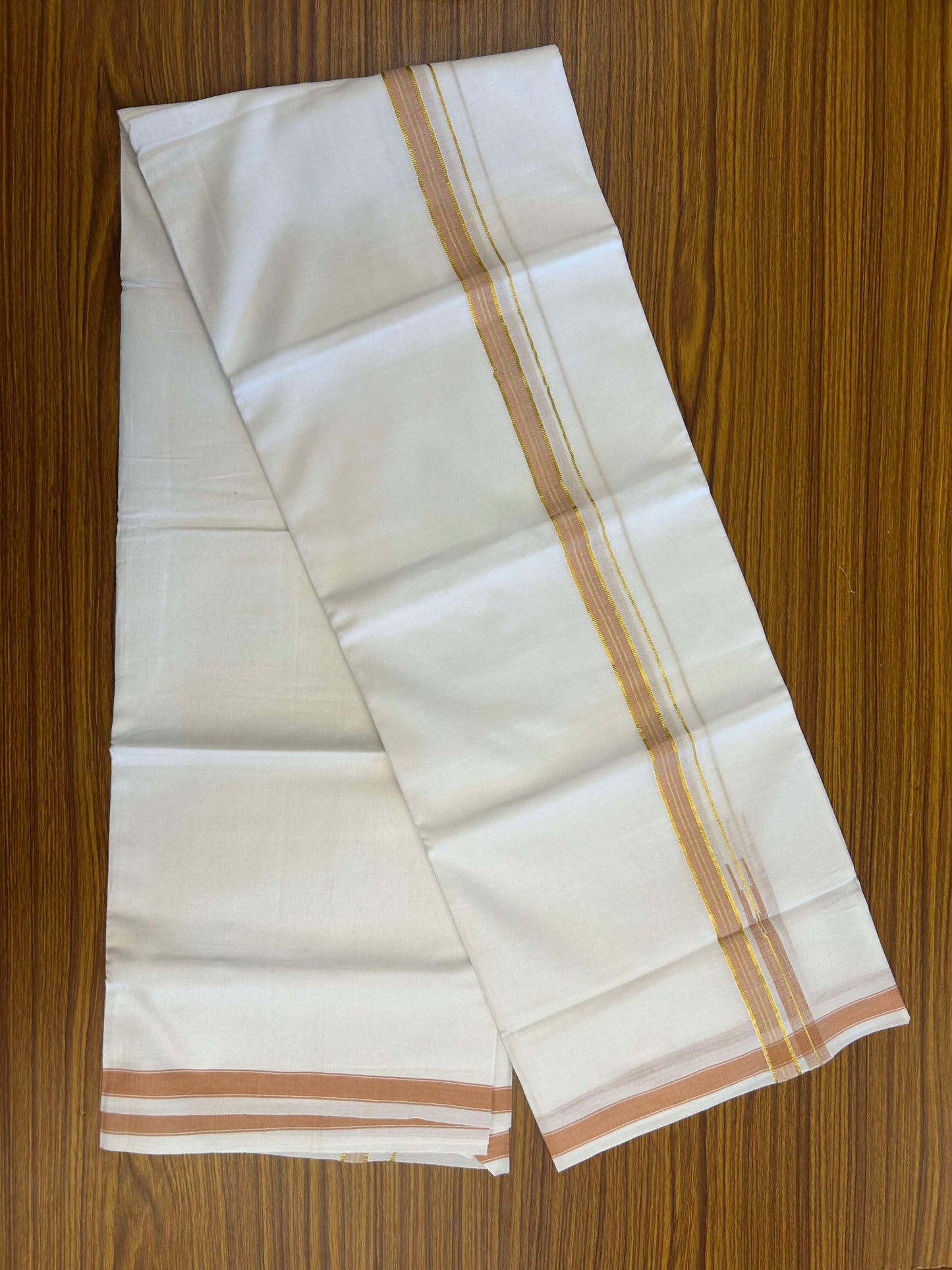20% Discount!! Kaitharikada Balaramapuram 100% Pure Cotton Pure White Double Mundu/Dothi - 100x80 - 2 cm Light Orange & Gold Kasav Puliyilakkara One Side Chutty Kara 3.90 m (8 muzham) - 40 KK5310 CKS