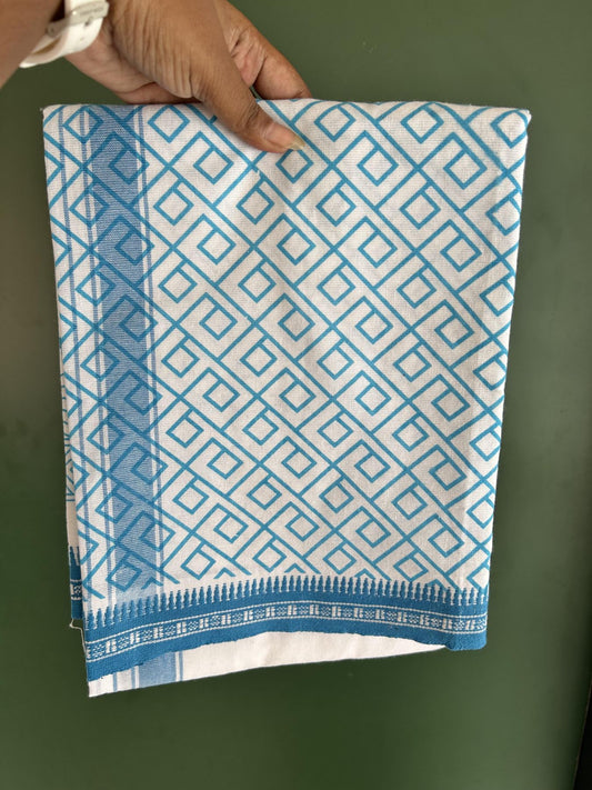 Kaitharikada - Single Kaily / Lungi - Mixed Cotton - 40s twisted - 1.25 inch Blue Printed Design kara with Kuppadam Border  White colour body (2 meter / 4 muzham) - 1 KK8058 GAN