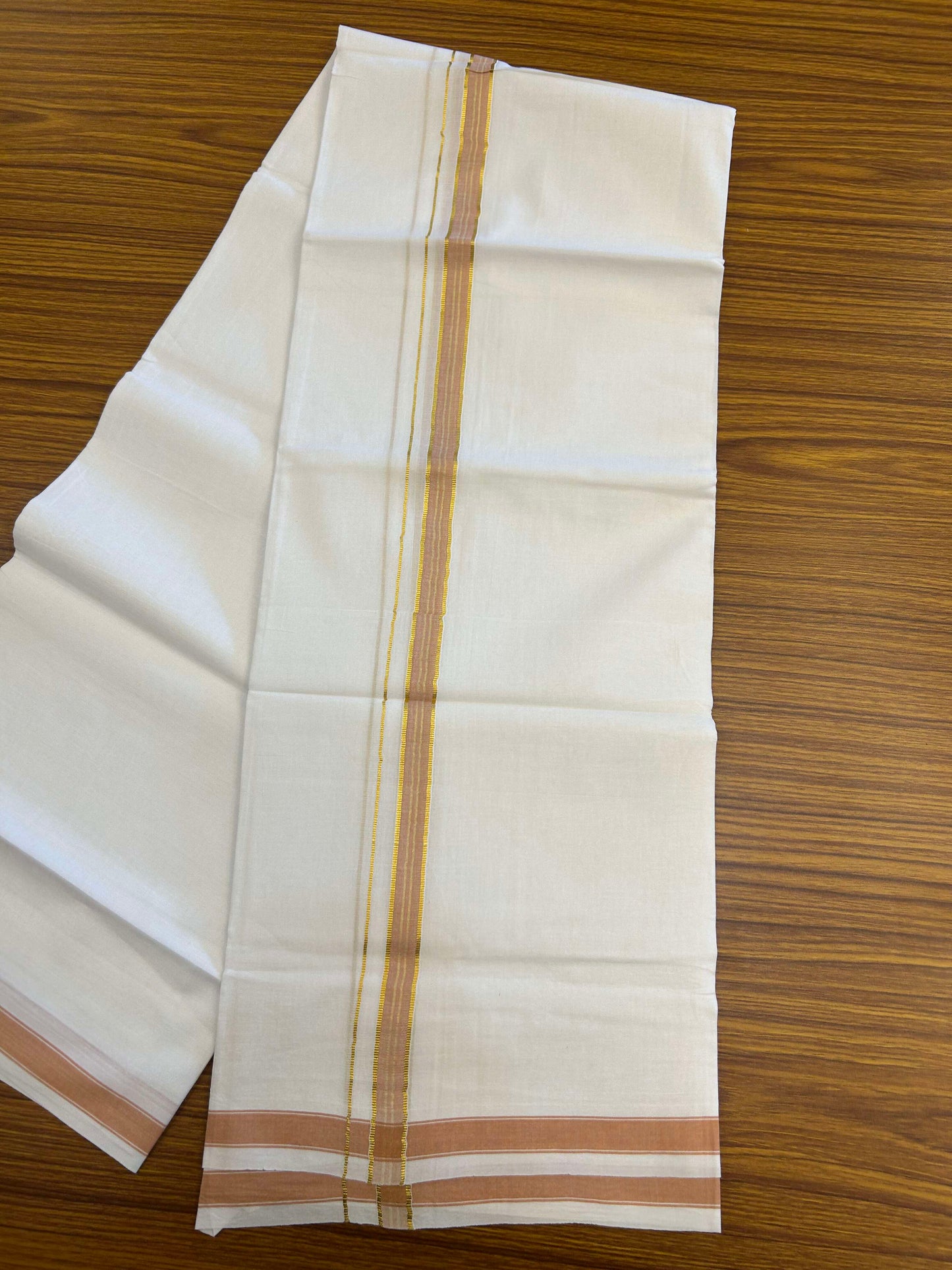 20% Discount!! Kaitharikada Balaramapuram 100% Pure Cotton Pure White Double Mundu/Dothi - 100x80 - 2 cm Light Orange & Gold Kasav Puliyilakkara One Side Chutty Kara 3.90 m (8 muzham) - 40 KK5310 CKS