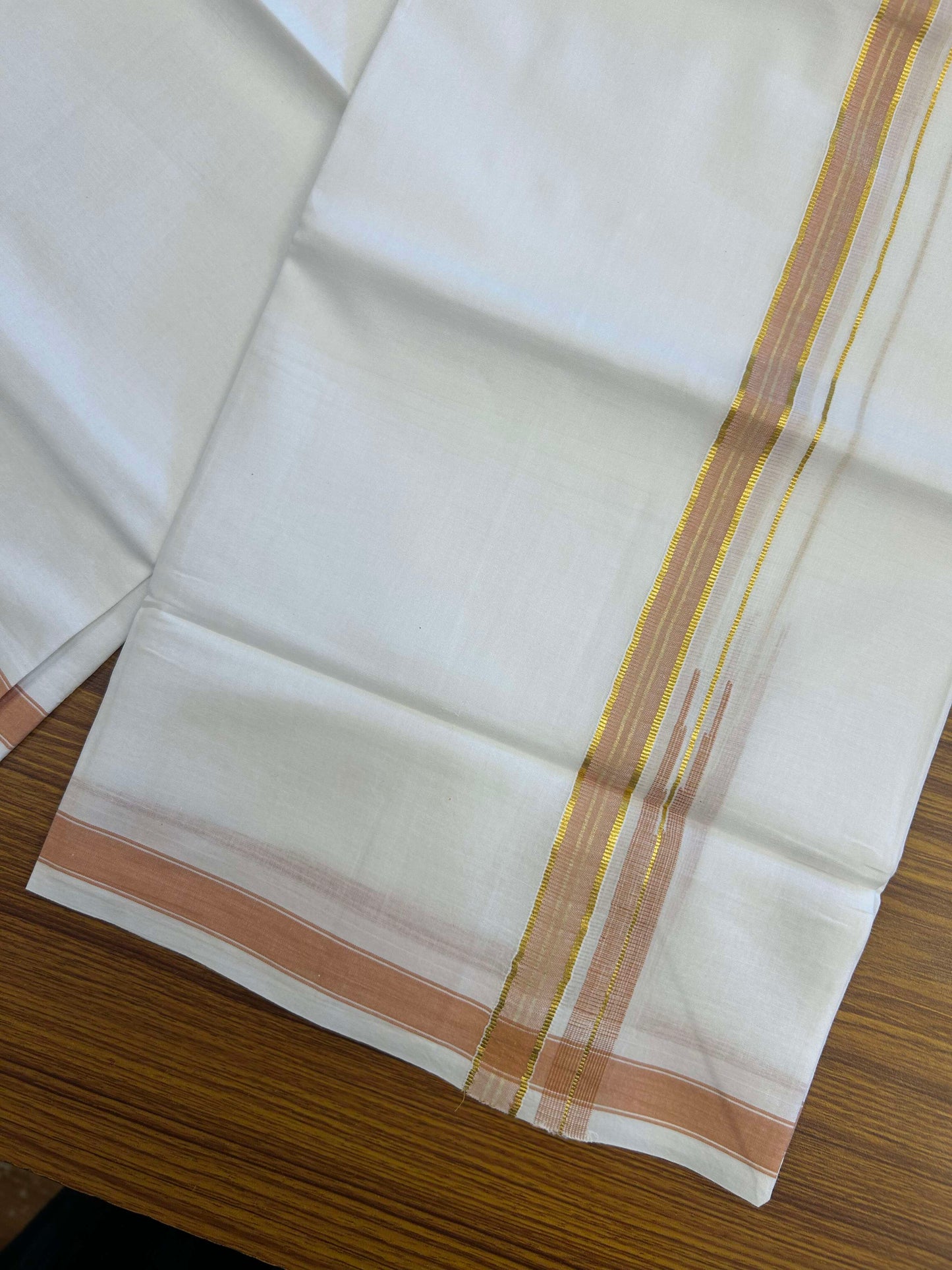 20% Discount!! Kaitharikada Balaramapuram 100% Pure Cotton Pure White Double Mundu/Dothi - 100x80 - 2 cm Light Orange & Gold Kasav Puliyilakkara One Side Chutty Kara 3.90 m (8 muzham) - 40 KK5310 CKS