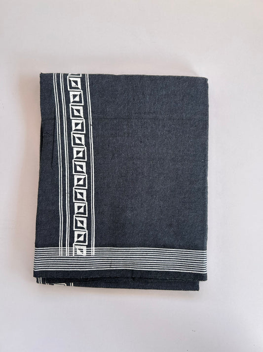 Single Kaily / Lungi - Kaitharikada - Mixed Cotton - 2/40s twisted - 2 inch White Printed Design Kara With Blue Grey & Black Colour Body (2 meter / 4 muzham) - 4 KK8090 SAT