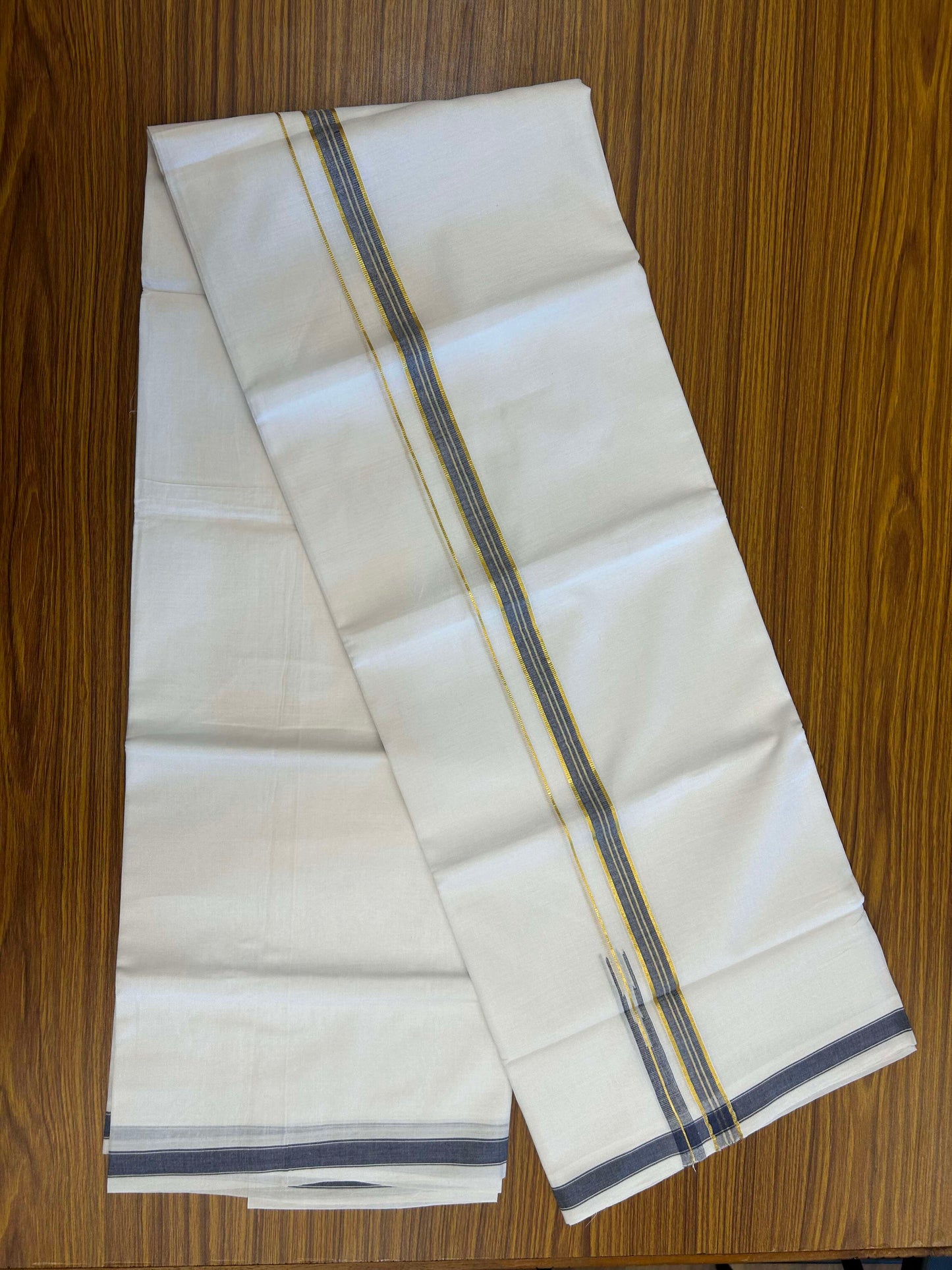 20% Discount!! Kaitharikada Balaramapuram 100% Pure Cotton Pure White Double Mundu/Dothi - 100x80 - 2 cm Blue & Gold Kasav Puliyilakkara One Side Chutty Kara 3.90 m (8 muzham) - 41 KK5310 CKS