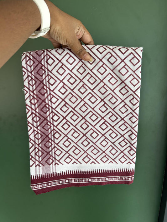 Kaitharikada - Single Kaily / Lungi - Mixed Cotton - 40s twisted - 1.5 inch Maroon Printed Design kara with Kuppadam Border  White colour body (2 meter / 4 muzham) - 2 KK8058 GAN