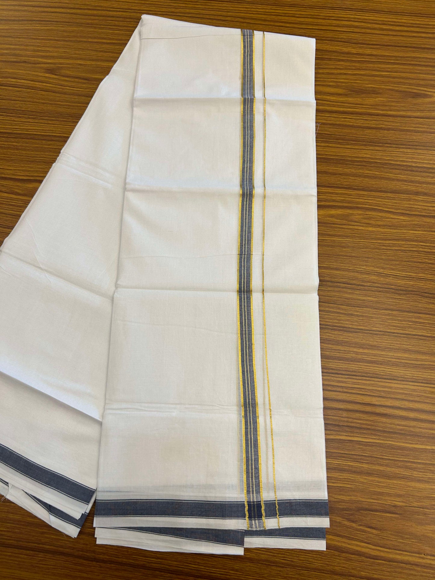 20% Discount!! Kaitharikada Balaramapuram 100% Pure Cotton Pure White Double Mundu/Dothi - 100x80 - 2 cm Blue & Gold Kasav Puliyilakkara One Side Chutty Kara 3.90 m (8 muzham) - 41 KK5310 CKS