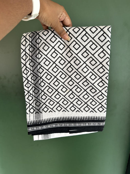 Kaitharikada - Single Kaily / Lungi - Mixed Cotton - 40s twisted - 1 inch Black Printed Design kara with Kuppadam Border  White colour body (2 meter / 4 muzham) - 3 KK8058 GAN