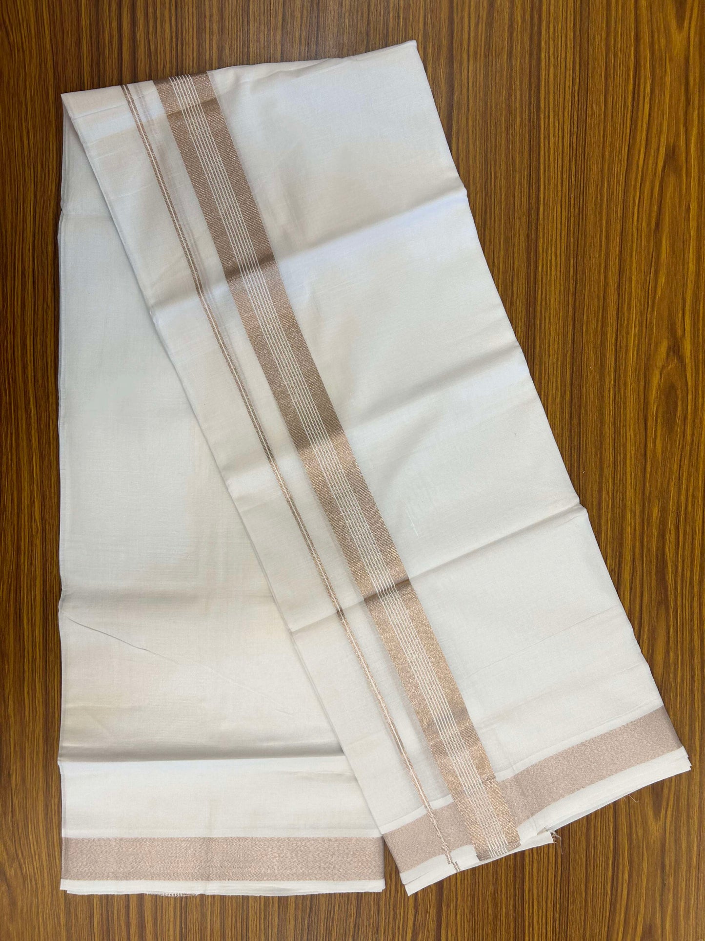 20% Discount ! Kaitharikada Balaramapuram 100% Cotton Pure White Double Mundu/Dothi - 100x80 - 1.5 inch Copper Silver Kasav Striped Kara 3.90 m (8 muzham) - 15 KK5301CKS