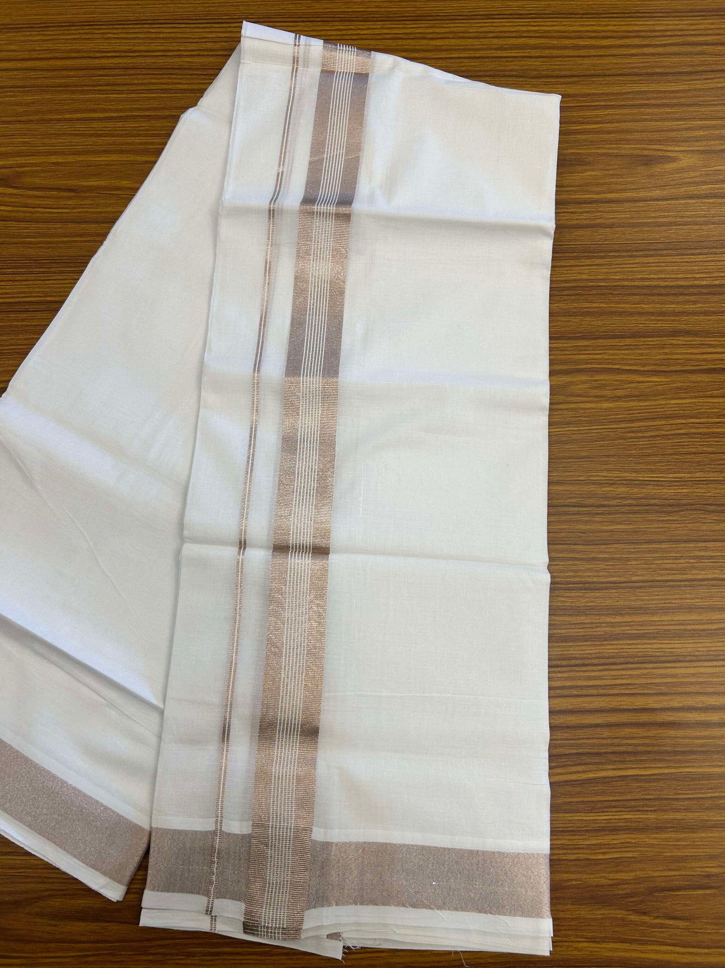 20% Discount ! Kaitharikada Balaramapuram 100% Cotton Pure White Double Mundu/Dothi - 100x80 - 1.5 inch Copper Silver Kasav Striped Kara 3.90 m (8 muzham) - 15 KK5301CKS