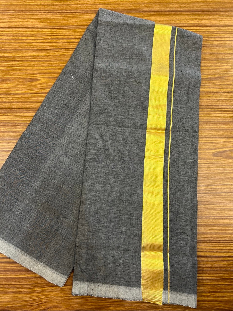 25% Discount! KaithariKada HANDLOOM  UNAKKUPAAV Balaramapuram - 100% PURE Cotton OFF White - (Unbleached) Double Mundu/Dothi - 120(Twisted) x 80 - Black Shaded Colour Body - 1.75 inch Gold Kasavu Kara - 1 KK8033 REA