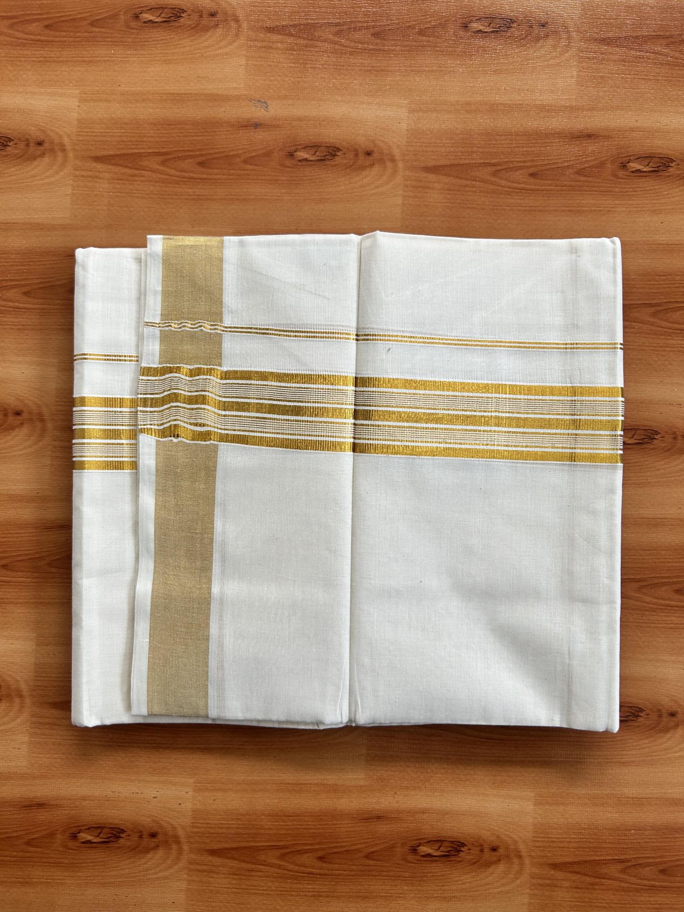 Double Off White (Unbleached) Mundu/Dothi- 20% Discount! Kaitharikada Pure Cotton - 100x100 - 1.5 inch Gold Kasav Striped Kara 4 mtr (8.5 muzham) - 7 KK5460 PMC