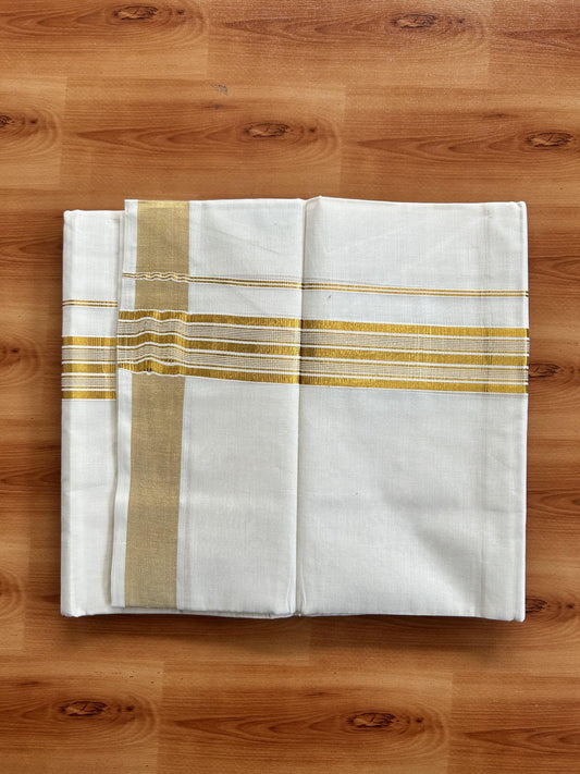 Double Off White (Unbleached) Mundu/Dothi- 20% Discount! Kaitharikada Pure Cotton - 100x100 - 1.5 inch Gold Kasav Striped Kara 4 mtr (8.5 muzham) - 7 KK5460 PMC