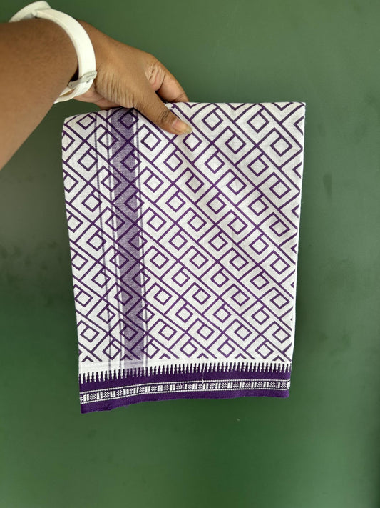 Kaitharikada - Single Kaily / Lungi - Mixed Cotton - 40s twisted - 1.25 inch Violet Printed Design kara with Kuppadam Border  White colour body (2 meter / 4 muzham) - 6 KK8058 GAN