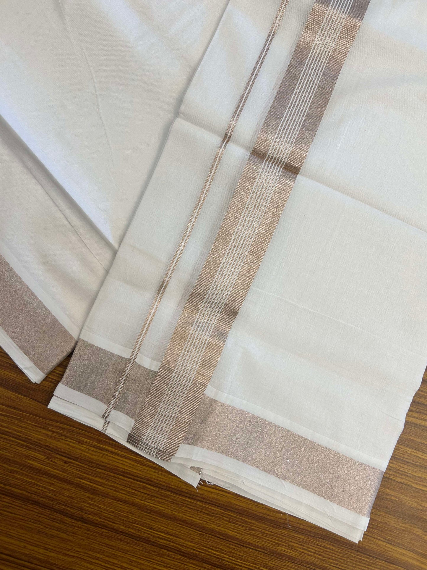 20% Discount ! Kaitharikada Balaramapuram 100% Cotton Pure White Double Mundu/Dothi - 100x80 - 1.5 inch Copper Silver Kasav Striped Kara 3.90 m (8 muzham) - 15 KK5301CKS