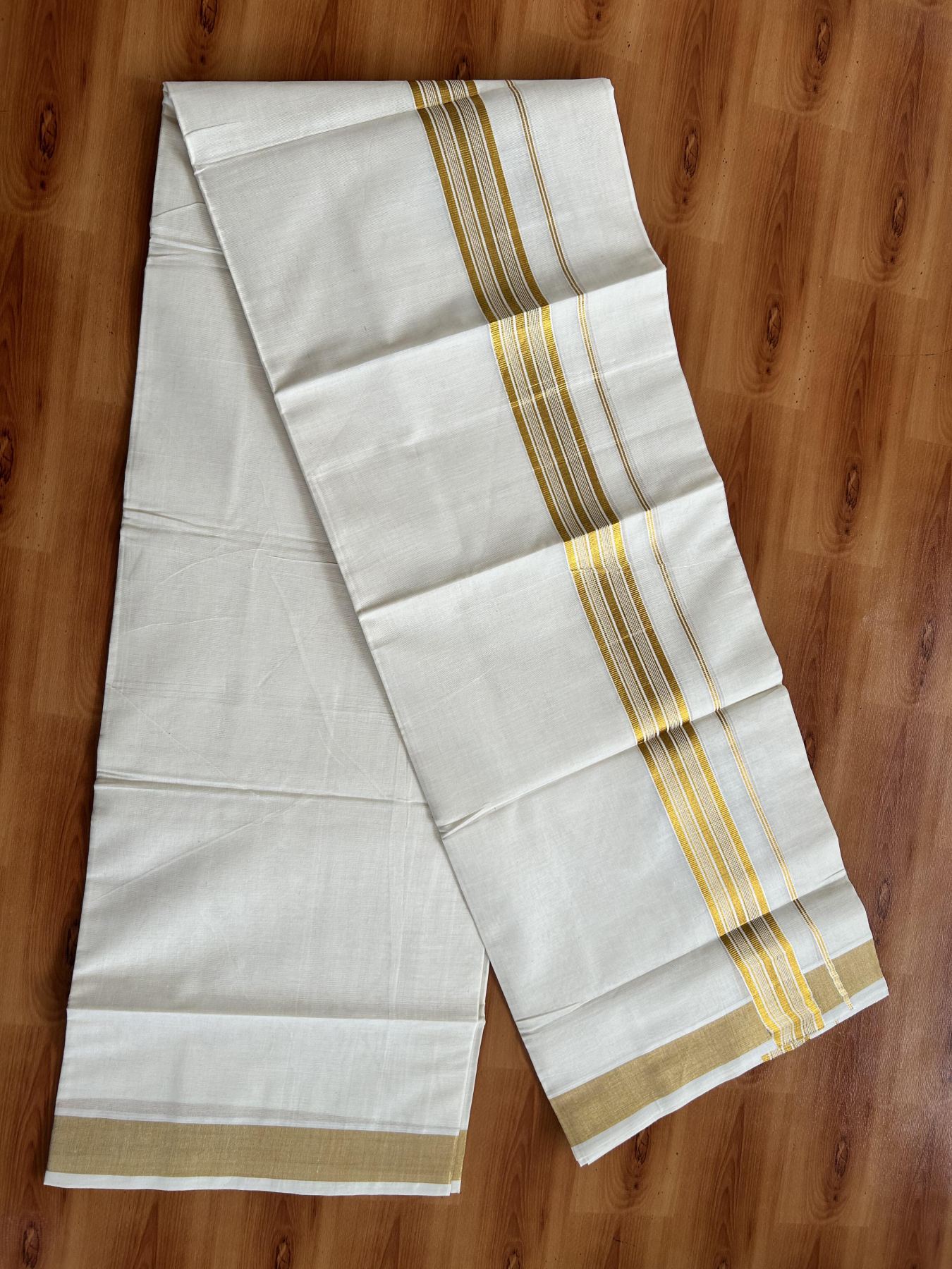 Double Off White (Unbleached) Mundu/Dothi- 20% Discount! Kaitharikada Pure Cotton - 100x100 - 1.5 inch Gold Kasav Striped Kara 4 mtr (8.5 muzham) - 7 KK5460 PMC