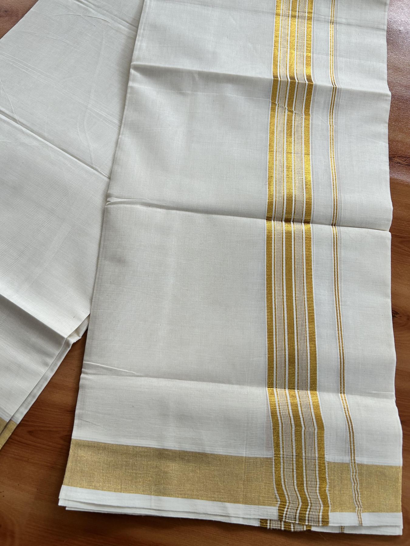 Double Off White (Unbleached) Mundu/Dothi- 20% Discount! Kaitharikada Pure Cotton - 100x100 - 1.5 inch Gold Kasav Striped Kara 4 mtr (8.5 muzham) - 7 KK5460 PMC