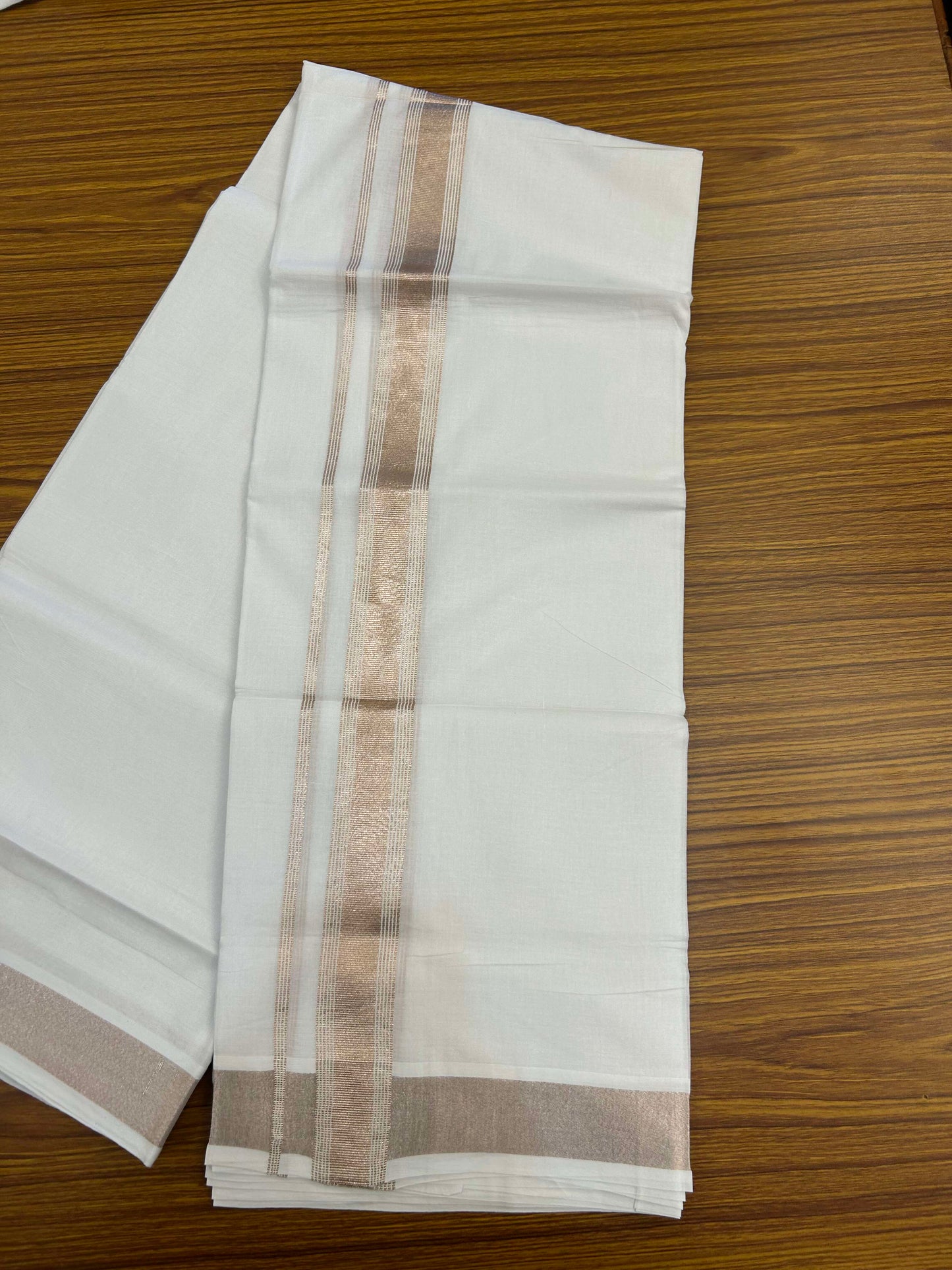 20% Discount ! Kaitharikada Balaramapuram 100% Cotton Pure White Double Mundu/Dothi - 100x80 - 1.5 inch Copper Silver Kasav Striped Kara 3.90 m (8 muzham) - 16 KK5301CKS