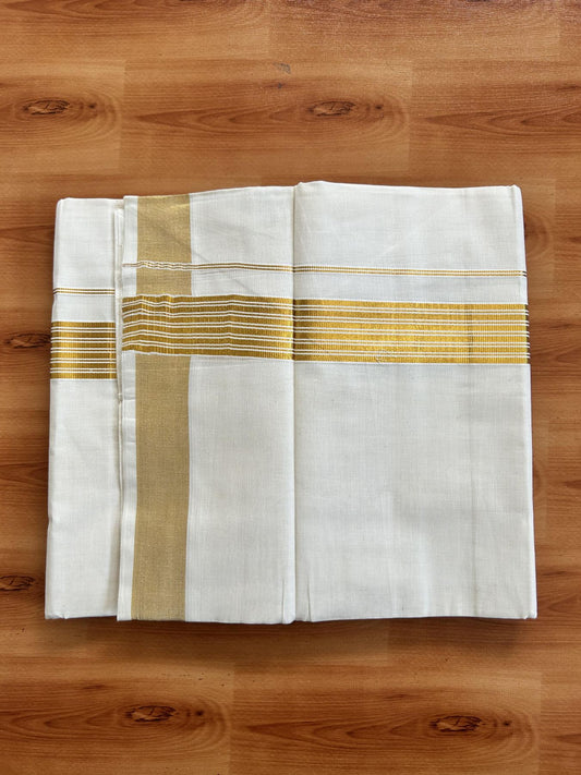 Double Off White (Unbleached) Mundu/Dothi- 20% Discount! Kaitharikada Pure Cotton - 100x100 - 1.25 inch Gold Kasav Striped Kara 4 mtr (8.5 muzham) - 10 KK5460 PMC