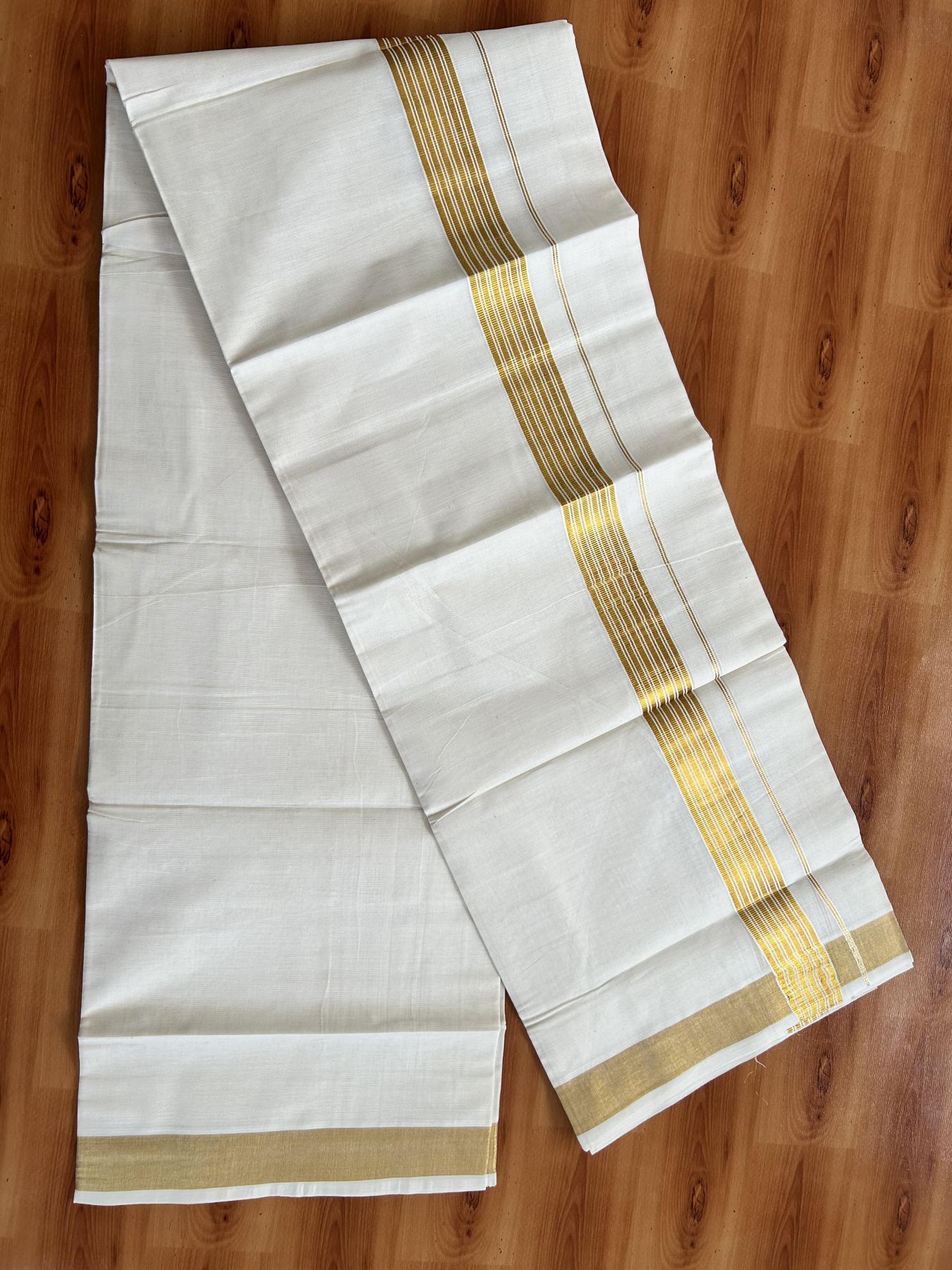 Double Off White (Unbleached) Mundu/Dothi- 20% Discount! Kaitharikada Pure Cotton - 100x100 - 1.25 inch Gold Kasav Striped Kara 4 mtr (8.5 muzham) - 10 KK5460 PMC