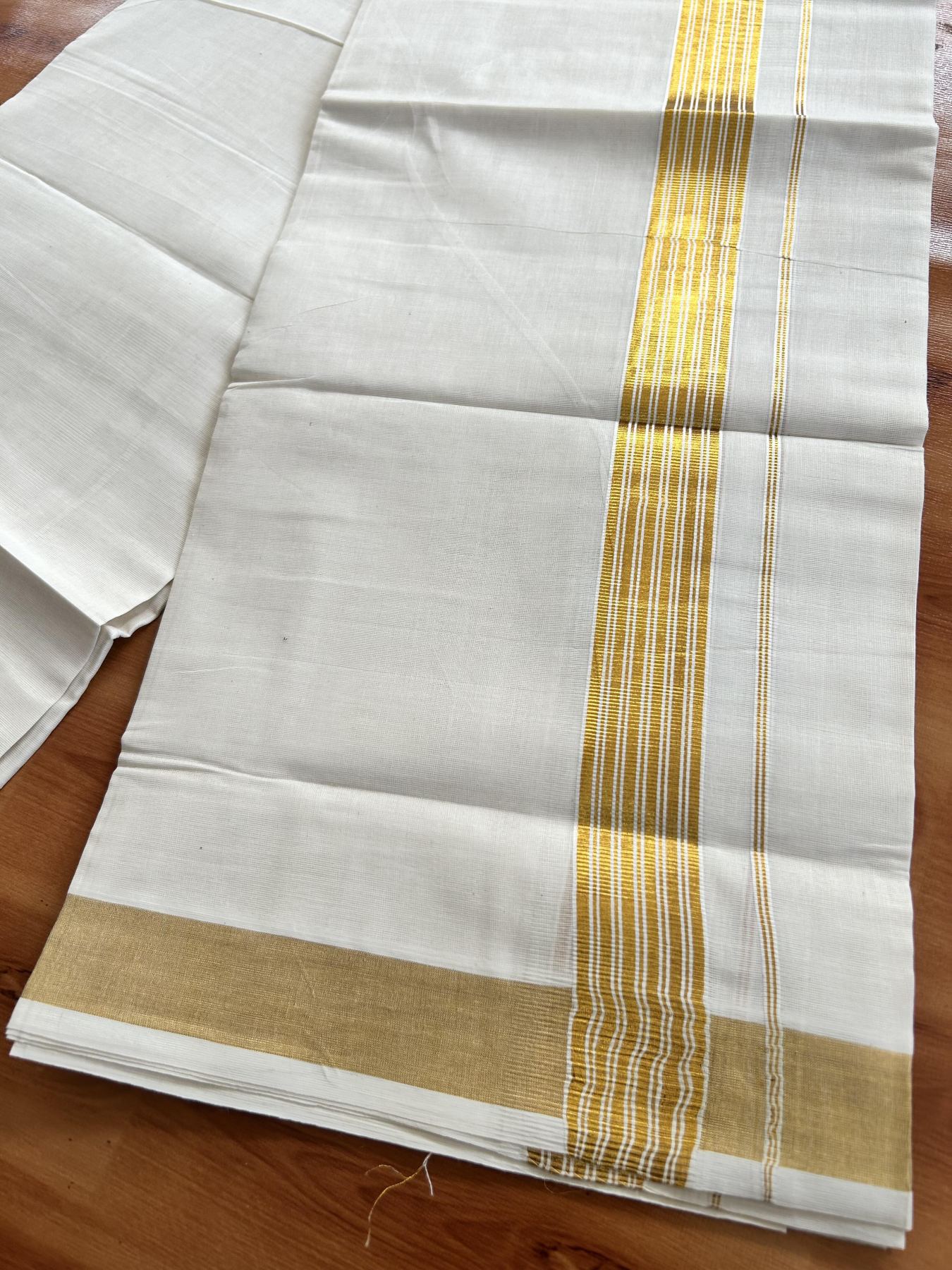 Double Off White (Unbleached) Mundu/Dothi- 20% Discount! Kaitharikada Pure Cotton - 100x100 - 1.25 inch Gold Kasav Striped Kara 4 mtr (8.5 muzham) - 10 KK5460 PMC