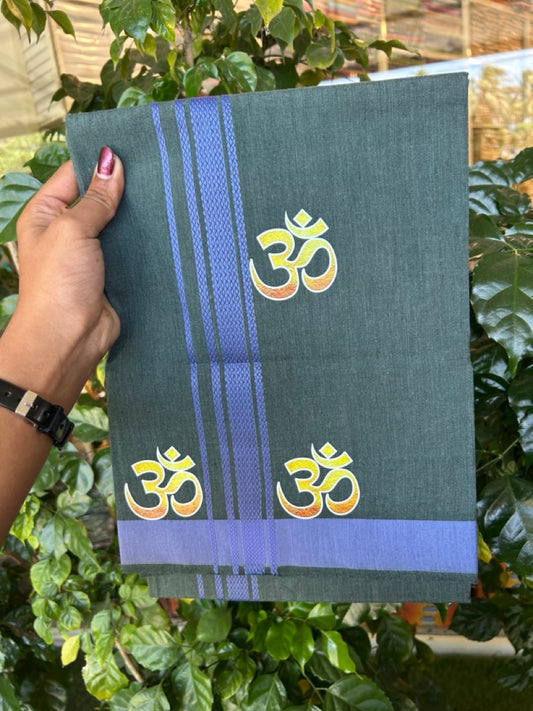 21% Discount ! Kaitharikada Pure Cotton - Single Kaily / Lungi -(40s)- 1.25 inch Dark Lavender Striped Ohm Printed Design kara with Green Shaded colour body  (2 meter / 4 muzham) - 6 KK8033 GAN