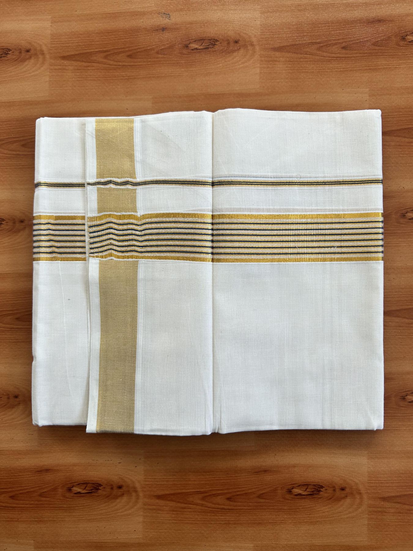 Double Off White (Unbleached) Mundu/Dothi- 20% Discount! Kaitharikada Pure Cotton - 100x100 - 1.5 inch Gold Kasav & Peacock Blue Striped Kara 4 mtr (8.5 muzham) - 6 KK5460 PMC