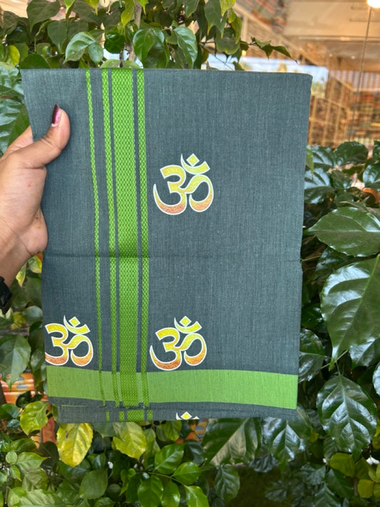 21% Discount ! Kaitharikada Pure Cotton - Single Kaily / Lungi -(40s)- 1.25 inch Green Striped Ohm Printed Design kara with Green colour body  (2 meter / 4 muzham) - 5 KK8033 GAN