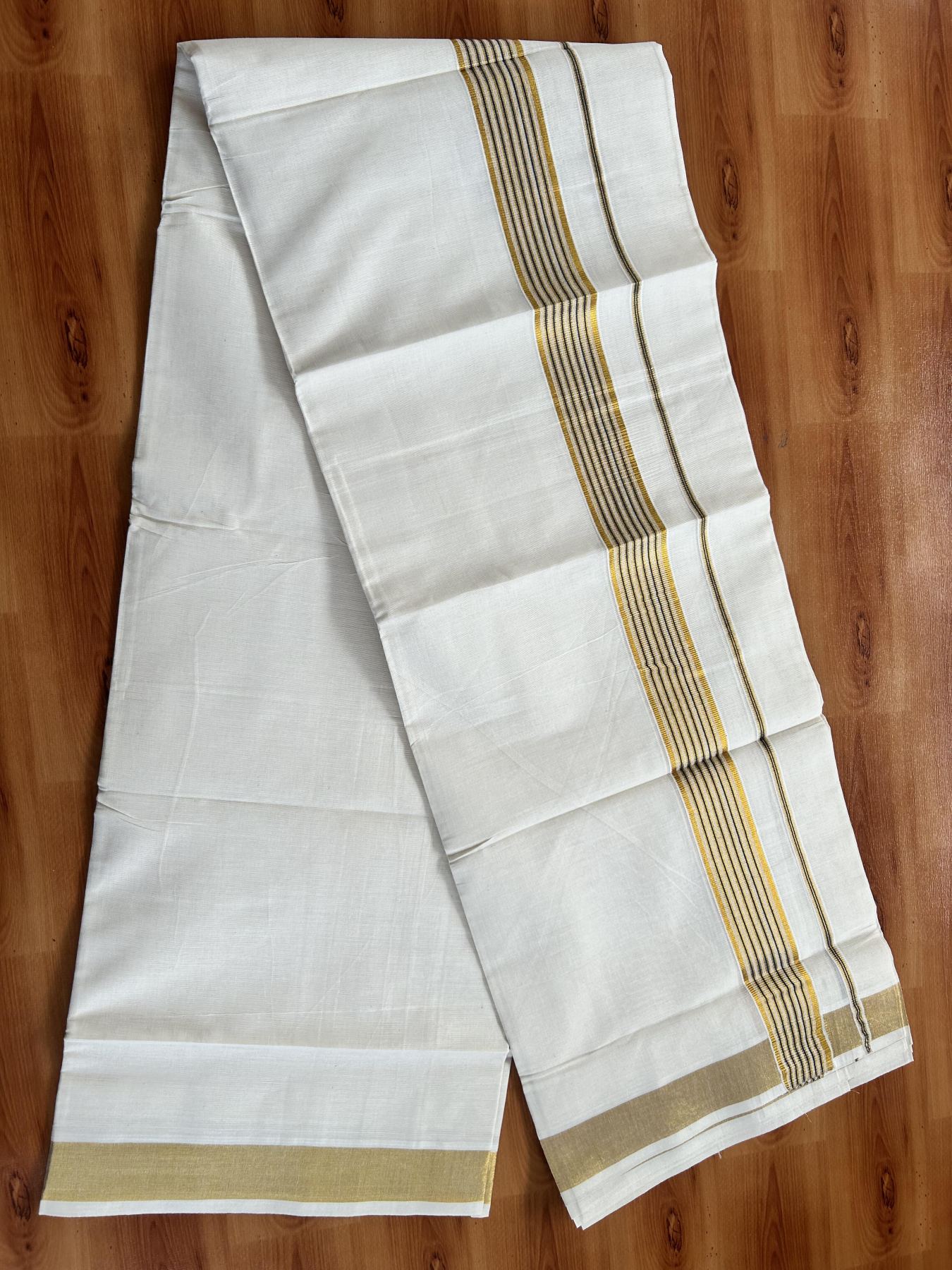 Double Off White (Unbleached) Mundu/Dothi- 20% Discount! Kaitharikada Pure Cotton - 100x100 - 1.5 inch Gold Kasav & Peacock Blue Striped Kara 4 mtr (8.5 muzham) - 6 KK5460 PMC