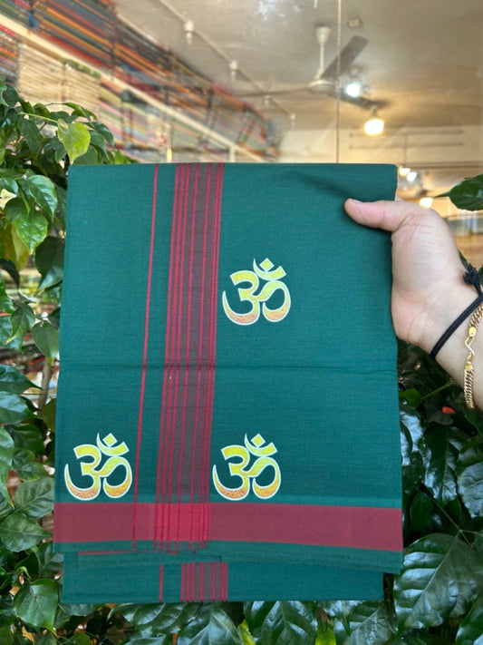 33% Discount ! Kaitharikada Pure Cotton - Single Kaily / Lungi -(40s)- 1.5 inch Maroon Red Striped Ohm Printed Design kara with Green colour body  (2 meter / 4 muzham) - 4 KK8033 GAN